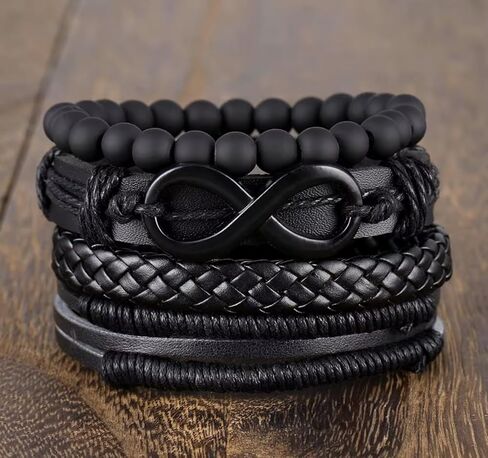 Black Leather Bracelet Set for Men, 4 Piece Braided and Beaded Stack with Infinity Symbol in Saudi Arabia