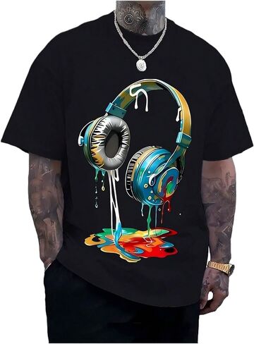 تي شيرت رجالي برسومات سماعة الرأس - تي شيرت قطني كاجوال بطباعة موسيقى نابضة بالحياة على طراز الشارع in Kuwait