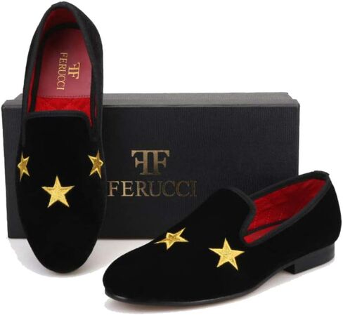 FERUCCI Handmade Men Black Velvet Slippers Flats Loafers with Gold Stars in Saudi Arabia