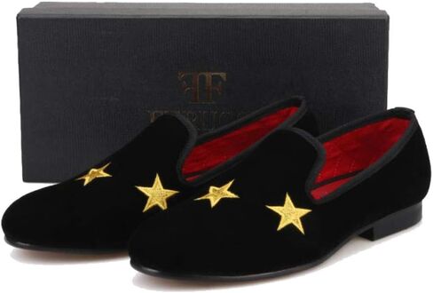 FERUCCI Handmade Men Black Velvet Slippers Flats Loafers with Gold Stars in Saudi Arabia