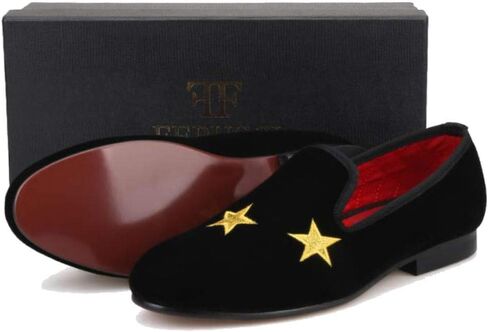 FERUCCI Handmade Men Black Velvet Slippers Flats Loafers with Gold Stars in Saudi Arabia