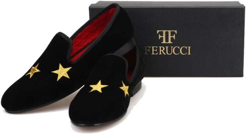 FERUCCI Handmade Men Black Velvet Slippers Flats Loafers with Gold Stars in Saudi Arabia