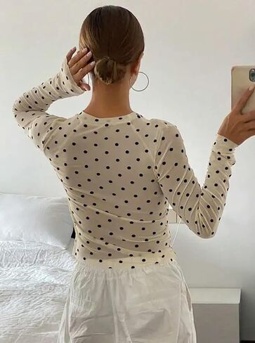 بلوزة شبكية مزهّرة للنساء بياقة دائرية وأكمام طويلة شفافة من خلال تي شيرتات ملائمة وجذابة للخروج in Kuwait