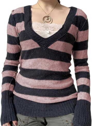 Women's Y2K Deep V Neck Striped Knit Sweater - Retro Slim Fit Pullover for Casual Daily Wear, Multi Colors in Saudi Arabia