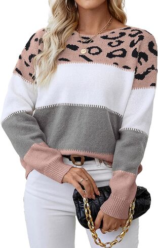 Womens Oversized Cute Color Block Leopard Sweater Fall 2025 Trendy Ladies Dressy Causal Knit Boat Neck Pullover Top in Saudi Arabia