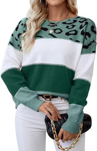 Womens Oversized Cute Color Block Leopard Sweater Fall 2025 Trendy Ladies Dressy Causal Knit Boat Neck Pullover Top in Saudi Arabia