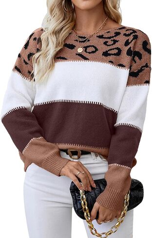 Womens Oversized Cute Color Block Leopard Sweater Fall 2025 Trendy Ladies Dressy Causal Knit Boat Neck Pullover Top in Saudi Arabia