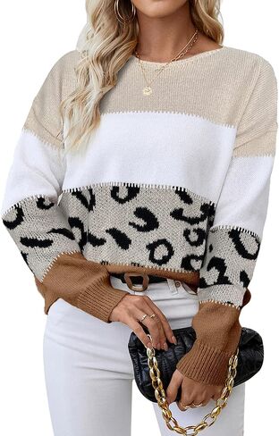 Womens Oversized Cute Color Block Leopard Sweater Fall 2025 Trendy Ladies Dressy Causal Knit Boat Neck Pullover Top in Saudi Arabia