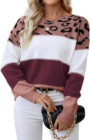 Womens Oversized Cute Color Block Leopard Sweater Fall 2025 Trendy Ladies Dressy Causal Knit Boat Neck Pullover Top in Saudi Arabia