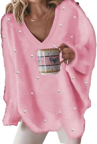 Chvity Long Sleeve Beaded Sweater for Women Fall Winter Fashion Loose Soft V Neck Casual Vacation Party Knitwear in Saudi Arabia