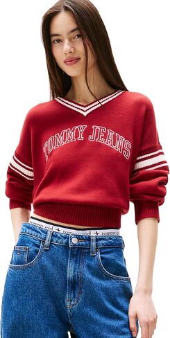 Tommy Jeans womens Medium Weight Pullover V-neck Sweater With Printed Logo in Saudi Arabia