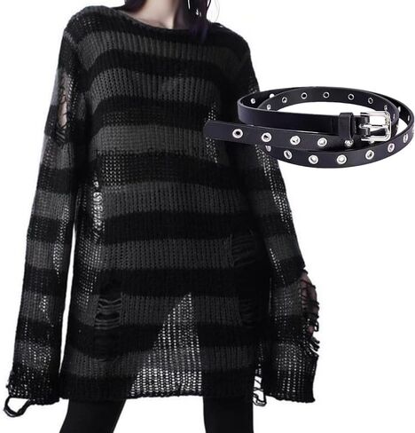 Women Goth Y2K Striped Sweater with Belt Ripped Punk Gothic Long Sweaters Grunge Distressed Halloween Pullover Tops in Saudi Arabia