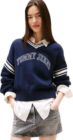 Tommy Jeans womens Medium Weight Pullover V-neck Sweater With Printed Logo in Saudi Arabia