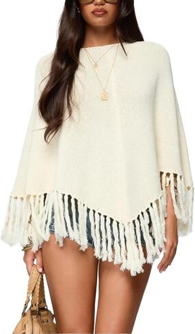 Women Tassel Poncho Sweater Mock Neck Fringed Hem Shawl Y2k Vintage Asymmetrical Pullover Cape Shrug Knitwear in Saudi Arabia