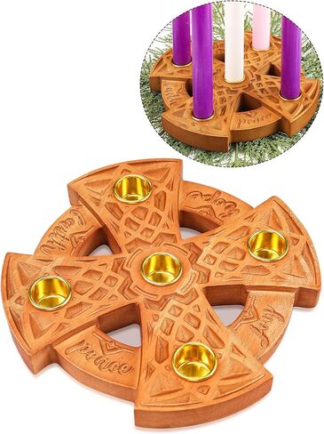 Nitial Christmas Advent 5 Candles Holder Wood Ring Shaped with Celtic Knot Nativity Candleholder for Xmas Home Church Prayer Party Table Centerpiece Decor Elegant Christian Religious Gifts in Saudi Arabia