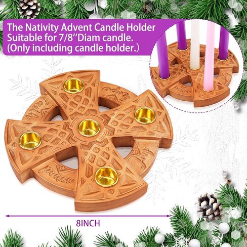 Nitial Christmas Advent 5 Candles Holder Wood Ring Shaped with Celtic Knot Nativity Candleholder for Xmas Home Church Prayer Party Table Centerpiece Decor Elegant Christian Religious Gifts in Saudi Arabia