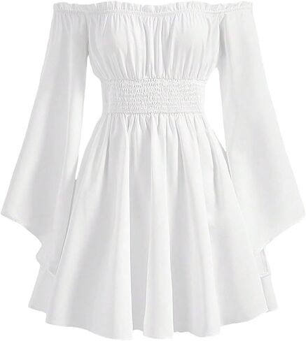 فستان بناتي بأكمام فانوس مكشوف الأكتاف مكشكش وأكمام طويلة فستان أبيض مكشكش لعمر 13-16 سنة in Kuwait