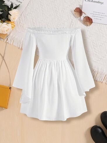 فستان بناتي بأكمام فانوس مكشوف الأكتاف مكشكش وأكمام طويلة فستان أبيض مكشكش لعمر 13-16 سنة in Kuwait