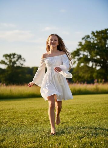 فستان بناتي بأكمام فانوس مكشوف الأكتاف مكشكش وأكمام طويلة فستان أبيض مكشكش لعمر 13-16 سنة in Kuwait