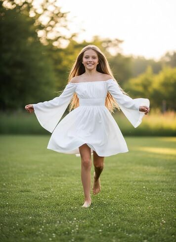 فستان بناتي بأكمام فانوس مكشوف الأكتاف مكشكش وأكمام طويلة فستان أبيض مكشكش لعمر 13-16 سنة in Kuwait