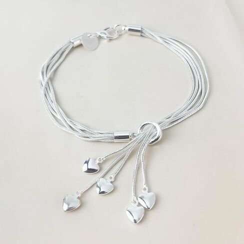 Delicate 5-Line 925 Sterling Silver Bracelet & Heart Charm Stacking Set in Saudi Arabia
