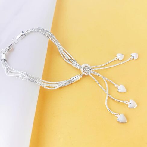 Delicate 5-Line 925 Sterling Silver Bracelet & Heart Charm Stacking Set in Saudi Arabia