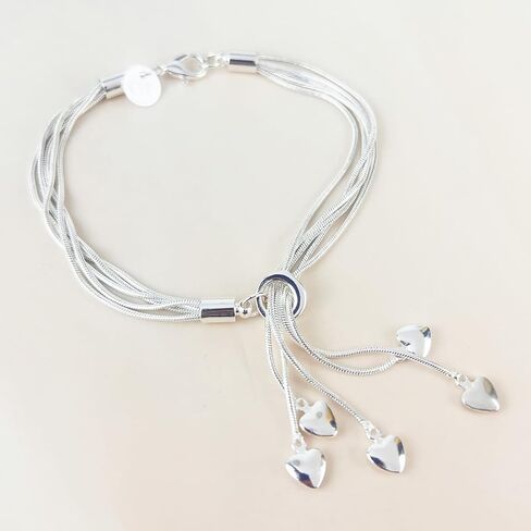 Delicate 5-Line 925 Sterling Silver Bracelet & Heart Charm Stacking Set in Saudi Arabia