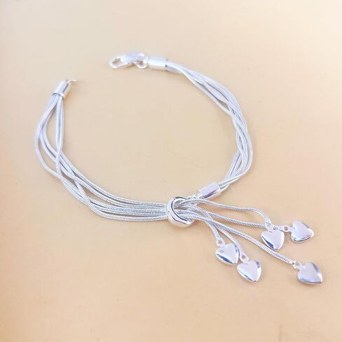 Delicate 5-Line 925 Sterling Silver Bracelet & Heart Charm Stacking Set in Saudi Arabia