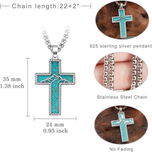 Genuine Turquoise Necklace 925 Sterling Silver Cross Pendant Necklace Vintage Western Cross Turquoise Jewelry for Men in Saudi Arabia