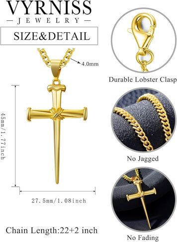 Three Nail Cross Necklace for Men 18K Gold Cross Pendant Necklace Religious Jewelry Christian Gift in Saudi Arabia