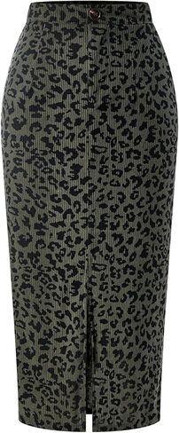 Women's Leopard Print Corduroy Skirt Vintage High Waisted Split Midi Dressy Casual Skirts in Saudi Arabia