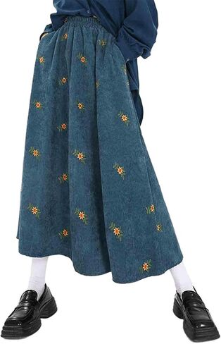 Women's Retro Corduroy Skirt Spring and Autumn Embroidered Flower Long Skirt Forest Series Over Knee Skirt in Saudi Arabia