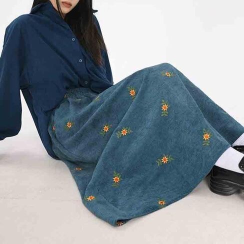 Women's Retro Corduroy Skirt Spring and Autumn Embroidered Flower Long Skirt Forest Series Over Knee Skirt in Saudi Arabia
