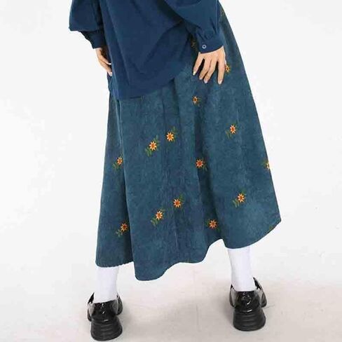 Women's Retro Corduroy Skirt Spring and Autumn Embroidered Flower Long Skirt Forest Series Over Knee Skirt in Saudi Arabia