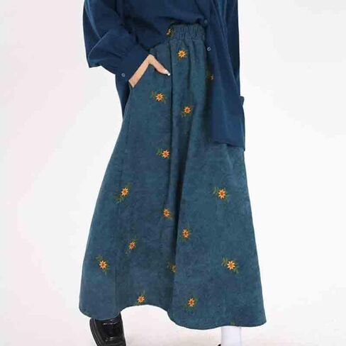 Women's Retro Corduroy Skirt Spring and Autumn Embroidered Flower Long Skirt Forest Series Over Knee Skirt in Saudi Arabia