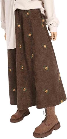 Women's Retro Corduroy Skirt Spring and Autumn Embroidered Flower Long Skirt Forest Series Over Knee Skirt in Saudi Arabia
