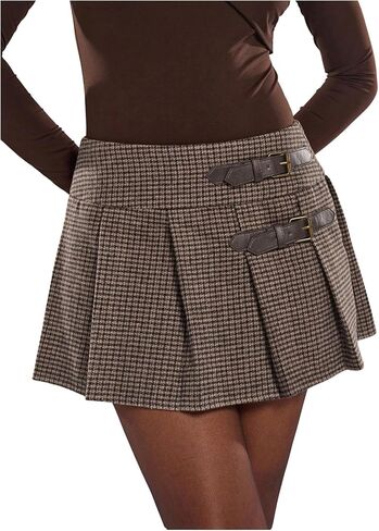 تنورة نسائية أنيقة منقوشة من التويد من Floerns ذات ثنيات وإبزيم معدني وخصر منخفض على شكل حرف A تنانير صغيرة in Kuwait