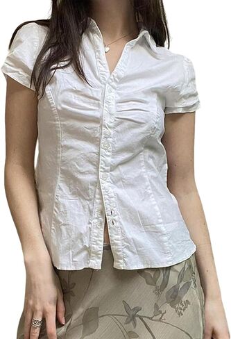 Verdusa Women's Ruched Tie Back Cinched Waist Tops Summer Collared Button Down Blouse in Saudi Arabia