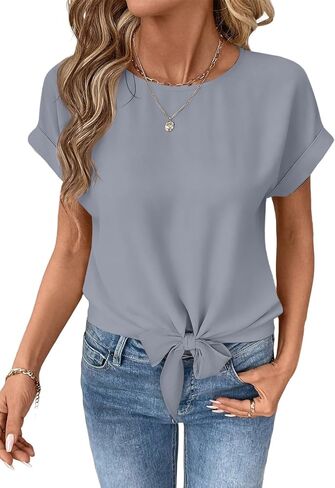 EVALESS Womens Bow Knot Hem Short Sleeve Blouses Dressy Casual Summer Crewneck T Shirts Going Out Tops in Saudi Arabia