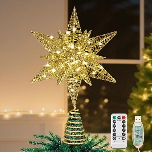 Lewondr Christmas Tree Topper, Metal Frame Tree Topper Crown with 50 Warm Light Beads, Remote & USB Operated 6H Timer Tree Topper with Lights, Xmas Tree Decor for Holiday Home Decoration, Silver in Kuwait