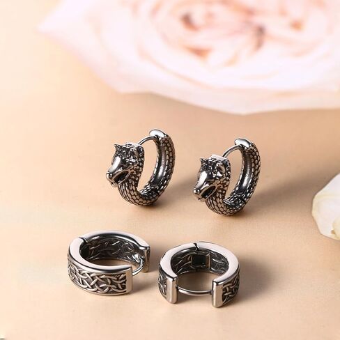 OIDEA Viking Wolf Huggie Earrings for Men: Punk Gothic Stainless Steel Huggie Hoop Earrings Norse Amulet Wolf Jewelry Gifts for Men and Women in Saudi Arabia