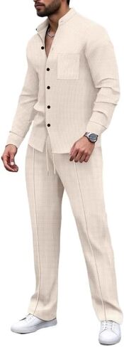 قميص رجالي بياقة واقفة وأكمام طويلة وسروال طويل وأزرار لأعلى وسروال كاجوال طقم مكون من قطعتين in Kuwait