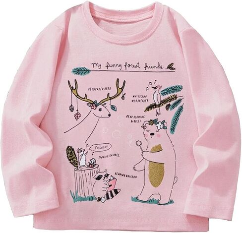 Girls' Long-Sleeved Cartoon Print T-Shirt for Fall and Winter Soft and Back to School Season 3-8 Years in Saudi Arabia
