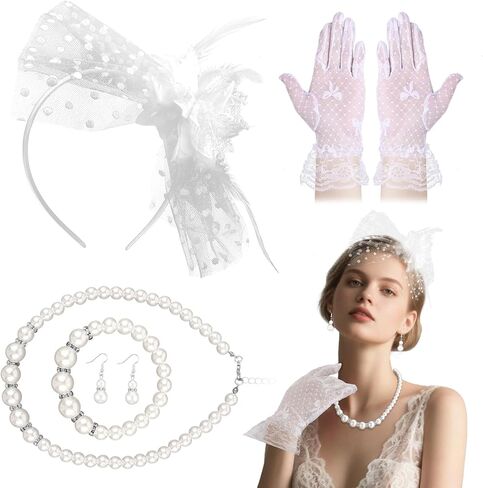 5Pcs Tea Party Accessories for Women, Fascinator Tea Party Hat and Lace Gloves Pearl Necklace Set for Women Cocktail Wedding in Saudi Arabia
