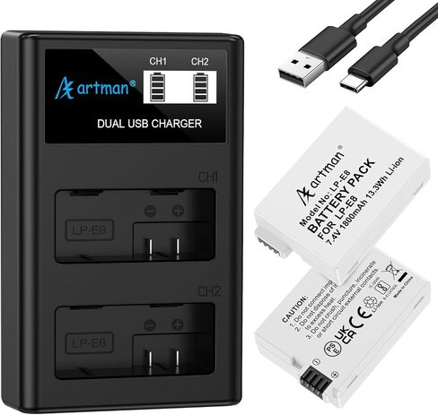 Artman 3-Pack LP-E8 Batteries 1800mAh and 3-Slot LCD Charger Pack for Canon EOS Rebel T2i T3i T4i T5i, EOS Kiss X4 X5 X6 X7i, EOS 550D 600D 650D 700D, LC-E8E Digital Cameras in Kuwait