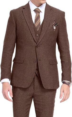 Retro 3 Piece Herringbone Tweed Suit Men's Wool Tuxedos Set Prom Brown Jacket Blazer Vest Pants Themed Wedding in Kuwait