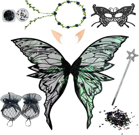Black Fairy Wings Adult Women Costume Set, Lace Mask, Wreath Headpiece, Lace Gloves and Magic Wand, Black Butterfly Wings Fairy Costume for Adult Parties & role play in Saudi Arabia
