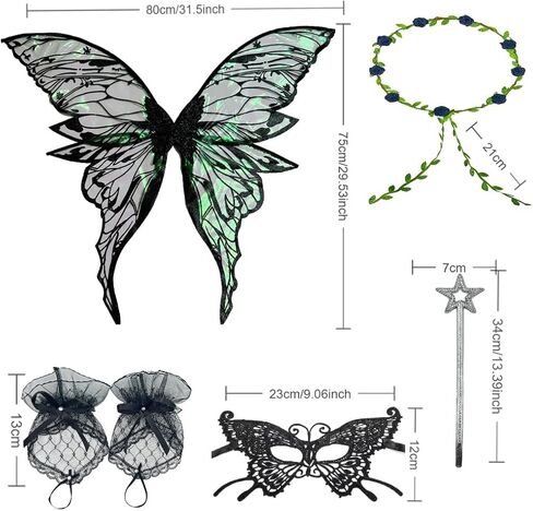 Black Fairy Wings Adult Women Costume Set, Lace Mask, Wreath Headpiece, Lace Gloves and Magic Wand, Black Butterfly Wings Fairy Costume for Adult Parties & role play in Saudi Arabia