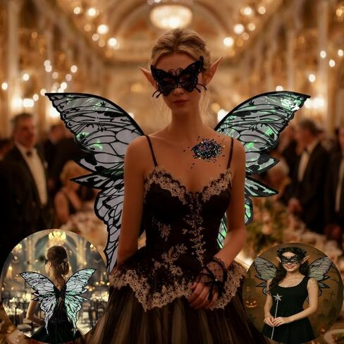 Black Fairy Wings Adult Women Costume Set, Lace Mask, Wreath Headpiece, Lace Gloves and Magic Wand, Black Butterfly Wings Fairy Costume for Adult Parties & role play in Saudi Arabia
