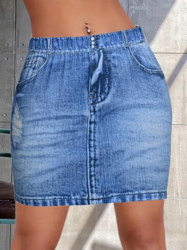 Womens Elastic High Waist Short Skirt Fake Denim Style Print Casual Bodycon Pencil Skirts in Saudi Arabia
